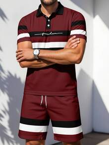 男士撞色条纹字母印花 Polo 衫和短裤套装 - 彩色 - 查看 2