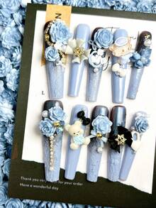 30片法式蓝色柔和花卉美甲装饰品，包括牡丹、山茶花和小玫瑰叶，适合DIY手工美甲配件 - 藍色 - 查看 3