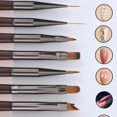 9pcs Brown-Gray Tone Nail Art Brush Set Includes: Nail Brush, Lining Brush, Double-Ended Brush, Structure Brush, UV Gel Painting Brush, And Gradient Brush. Suitable For Nail Salons And Home Use. Easy To Store, Ideal For Beginners, Provides Various DIY Options.