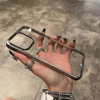 1pc Transparent Electroplated Silver Metallic Frame Glossy Phone Case, Suitable For IPhone 16 Pro Max, 17/16/15/14 Plus, 13/12/11 Protective Cover