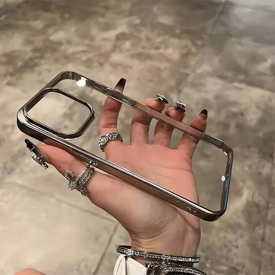 1pc Transparent Electroplated Silver Metallic Frame Glossy Phone Case, Suitable For IPhone 16 Pro Max, 17/16/15/14 Plus, 13/12/11 Protective Cover - Clear - View 1