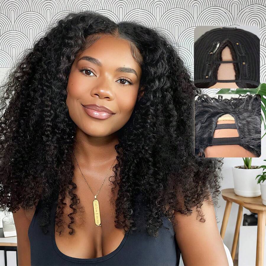 DZfirst Tóc giả sợi tổng hợp kiểu dáng mới, xoăn bồng bềnh, rẽ ngôi chữ V, dài 16 inch, mềm mại, xoăn nhẹ, che phủ toàn bộ đầu, rẽ ngôi chữ V, không cần để lộ tóc thật, kiểu tóc giả nửa đầu cài kẹp.