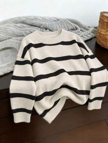 Women's Casual Striped Knit Long Sleeve Sweater Top, Soft & Comfortable Relaxed Fit Pullover Spring - Beige - View 2