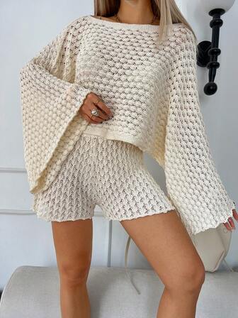 2 件套女士时尚纯色镂空圆领长袖针织毛衣和短裤套装