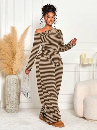 BIUBIU Plus Size Women's Casual Asymmetric Shoulder Striped Top + High Waist Wide Leg Pants 2 Pieces Set, Warm & Slimming For Autumn/Winter