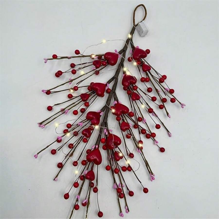 Corona de San Valentín con forma de corazón y bayas, decoración navideña colgante para la puerta de entrada. - Rojo - Ver 1