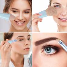 Viaje para maquillaje, Brochas de Viaje, 4 en 1 Juego de brochas de maquillaje, brocha para base de doble punta para base, corrector, cejas, sombra de ojo, con 2 esponjas cosmticas Azul - Azul - Ver 5