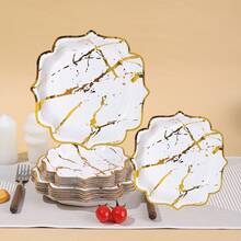 Set de veselă de unică folosință, 10/20/50/80 buc, cu model hexagonal festonat, marmoră albă și aurie, include farfurii de hârtie de 18 cm și 23 cm cu margine aurie, pahare de hârtie de 237 g, șervețele cu 2 straturi de 33 x 33 cm, potrivit pentru ziua de naștere, aniversare, nuntă, petrecere a burlacilor/burlăcițelor, decor de masă pentru petrecere de ziua de naștere. - alb - Vizualizare 9