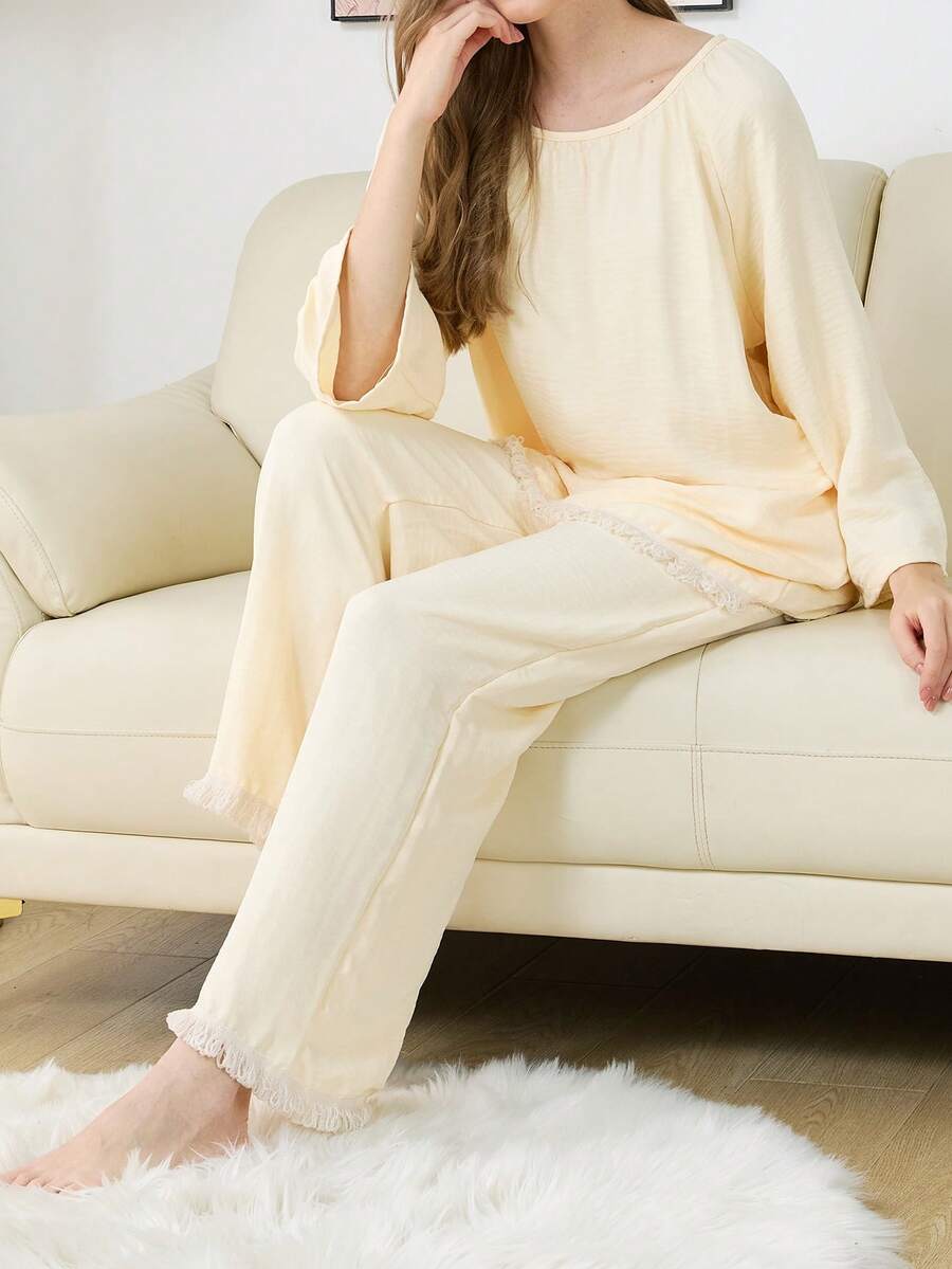 2pcs Women Sleepwear Set, Lace Trim Long Sleeve Top And Solid Color Pants, Autumn/Winter Pajamas