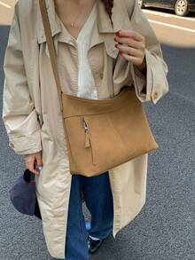 1pc (13.8in*9.8in*4.7in) Fashionable Women's Shoulder Bag, Crossbody Bag, Handbag, Large Capacity, Scratch & Wear Resistant Material, Suitable For Shopping, Dating, Outing, Work Commute, Adjustable Strap, Elegant Minimalist Casual Chic Brown Shoulder Bag For Women - Brown - View 6