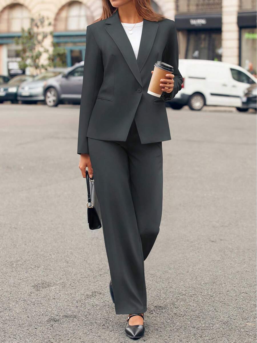 Casly Lamiit Women Plain Long Sleeve Suit Collar Regular Top And Pants Set Elegant Composite Fabric Suit With Pockets - Màu xám đen - Xem 1