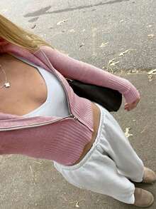 Women's Casual Cute Short Zip-Up Hooded Fitted Knit Cardigan, Long Sleeve Daily Commute Versatile Knit Jacket, Autumn/Winter Streetwear Y2K Style, Christmas/Thanksgiving/New Year Gift - Pink - View 4