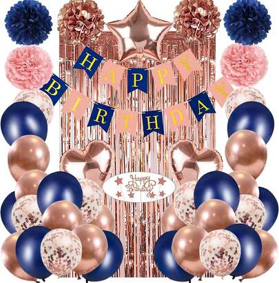 Globos Dorados y Rosados con Cortinas Metalicas, Kit de Globos Adornos Azules y Blancos, Decoracion para Shower y Cumpleaños de Mujer/Hombre/Niños/Niñas