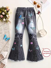 [Quần giả denim thời trang] Quần ống loe giả denim thời trang | Họa tiết bướm và hoa in toàn thân cho bé gái | Mùa xuân hè cho trẻ em và bé gái | Mặc hàng ngày và các hoạt động ngoài trời thường ngày. Lưu ý: Không phải vải denim, mà là họa tiết giả denim. - màu đen - Xem 1
