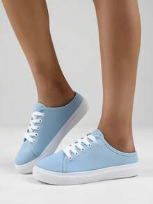 Women's Solid Canvas Slippers, Platform Round Toe All-Match Lace Up Breathable Slip On Shoes, Women's Footwear - Blue - View 3