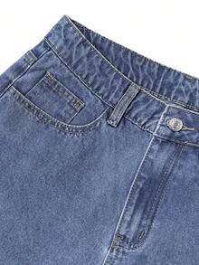 Black & Grey Harajuku Style Loose Fit High Waist Wide Leg Jeans, Comfortable Mom Jeans - Medium Wash - View 6