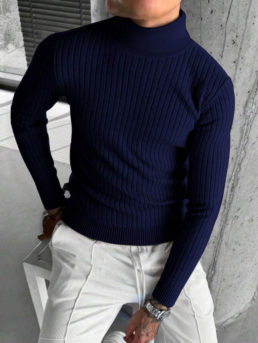 男士时尚扭花图案高领长袖毛衣