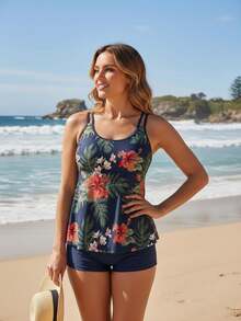 Womens Two Piece Bikini Set Printing Suspender Tops And Solid Color High Waist Shorts - Red - View 2