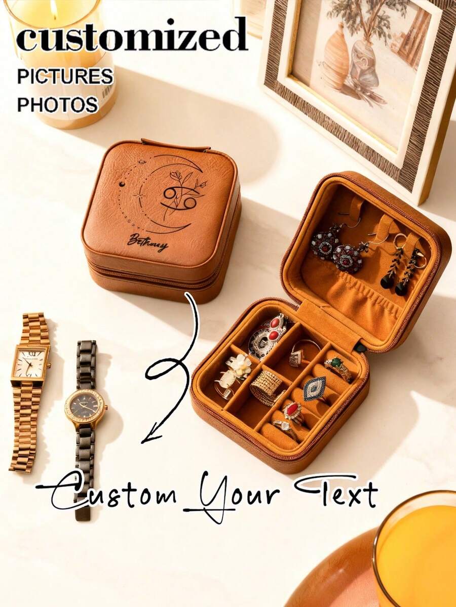 Personalized Zodiac & Moon Pattern Jewelry Box - Beige Travel Jewelry Storage Box, Zipper Closure, Fabric Lining, Perfect Bridesmaid Proposal Gift Or Couple's Keepsake, Elegant Design | Soft Lining, Wedding Gift, Jewelry Box, Ramadan Gift, Bridesmaid Gift, Wedding Gift, Travel Jewelry Box, Eid Gift, Arabic Gift, Valentine's Day Gift - Multicolor - View 1