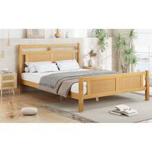 Wooden Double Bed With Rattan Paper Accent | 4ft6 (135x190cm) MDF Frame With Sturdy Slats In Wood Colour - Natural + Solid Wood+MDF + 135cm*190cm - View 9