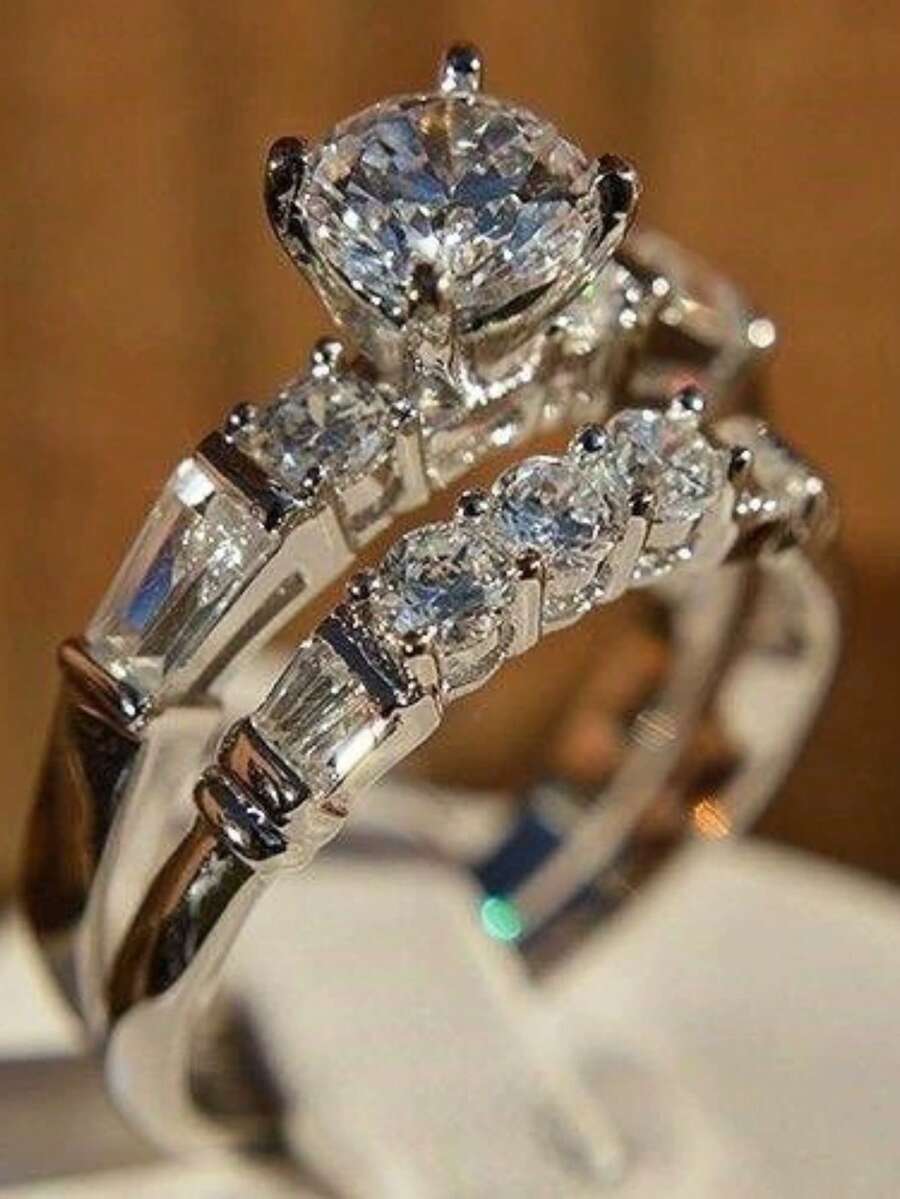 2pcs/Set Women's Engagement Rings, Shiny Silver Zirconia Stone Decorated Rings, Suitable For Daily Wear, Engagement, Wedding Anniversary, Party, Jewelry, Valentine's Day, Birthday Gift, Classic Eternal High-End Design Ring Jewelry