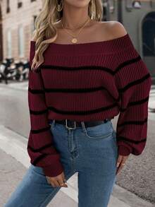 休闲性感露肩条纹撞色针织长袖毛衣，秋冬季，长袖上衣 - 酒紅色 - 查看 6