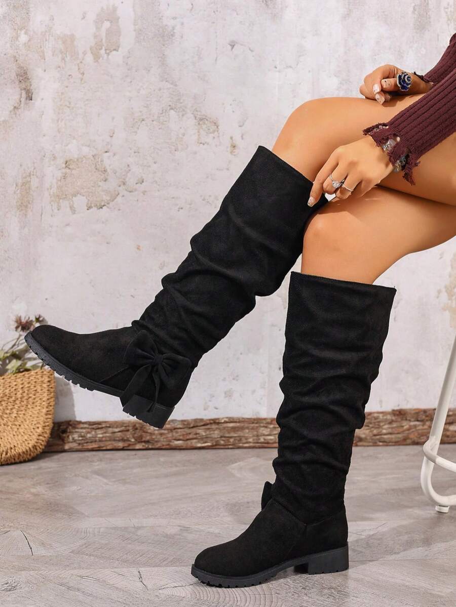 2025秋季新款时尚百搭阔腿长靴，平底宽松靴（尺码偏小） - 黑色 - 查看 1