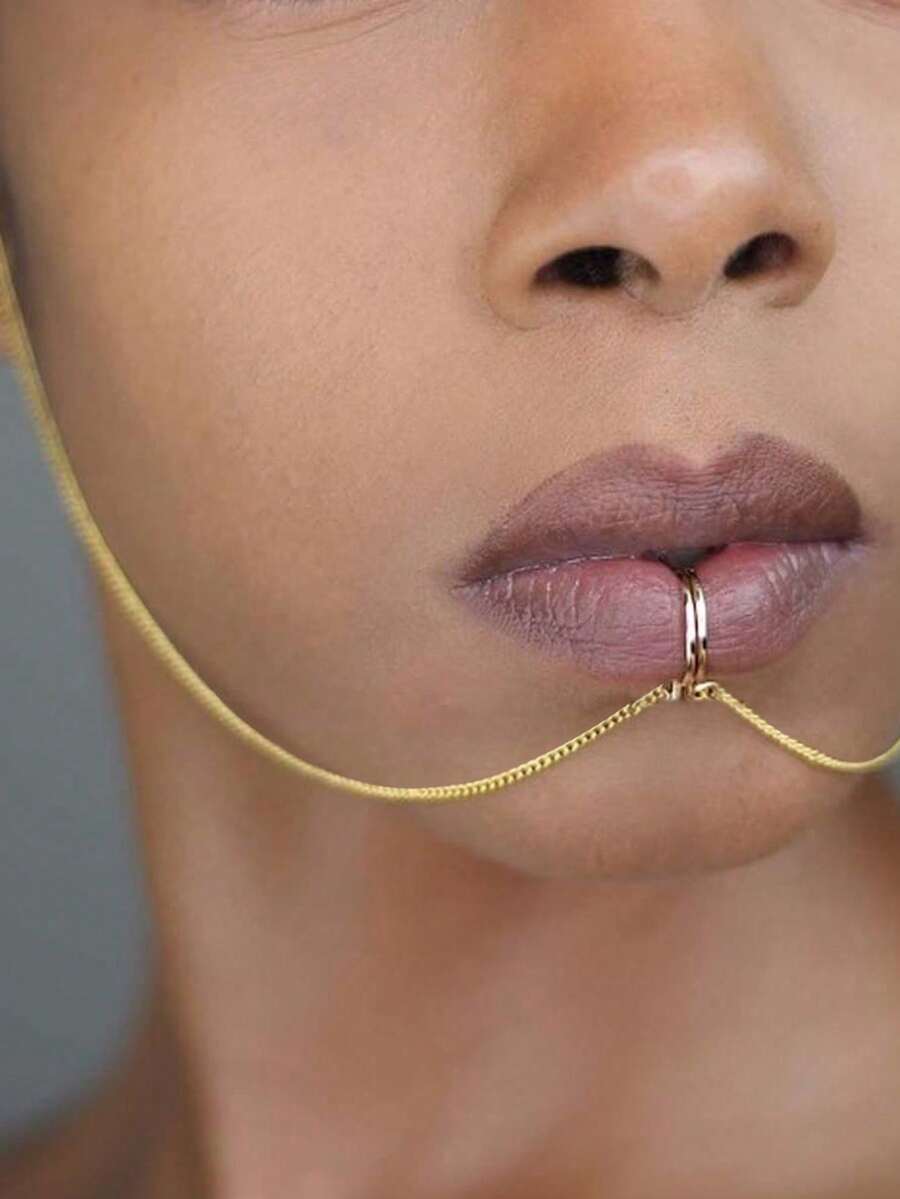 1pc Fashionable Silver Metal Chain Lip Stud, Rhinestone Tassel Face Jewelry, Gothic Style Accessory - Silver - View 1