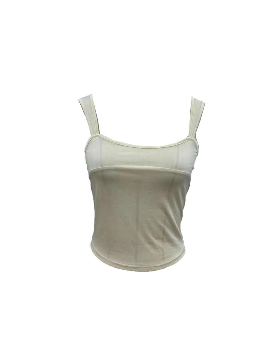 夏季女士休闲优雅简约浅黄色无袖露肩闪亮吊带背心，为夏天做好准备 - 黃色 - 查看 1