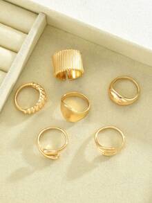 6件套极简不对称几何可调节开口戒指套装，适合女性度假、约会、日常佩戴、节日礼物（无包装盒） - 金黃色 - 查看 3