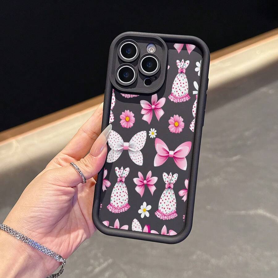 La carcasa del teléfono anti - caída simple y de moda está hecha de material tpu con un patrón de lazo para iPhone 17, 16, 15, 14, 13, 12, 11 Pro / air / xR / XS y samsungs25 / S24 / S23 / S22 / Fe / plus, que ofrece protección de amortiguación. Regalos para amigos y San valentín. - Negro - Ver 1