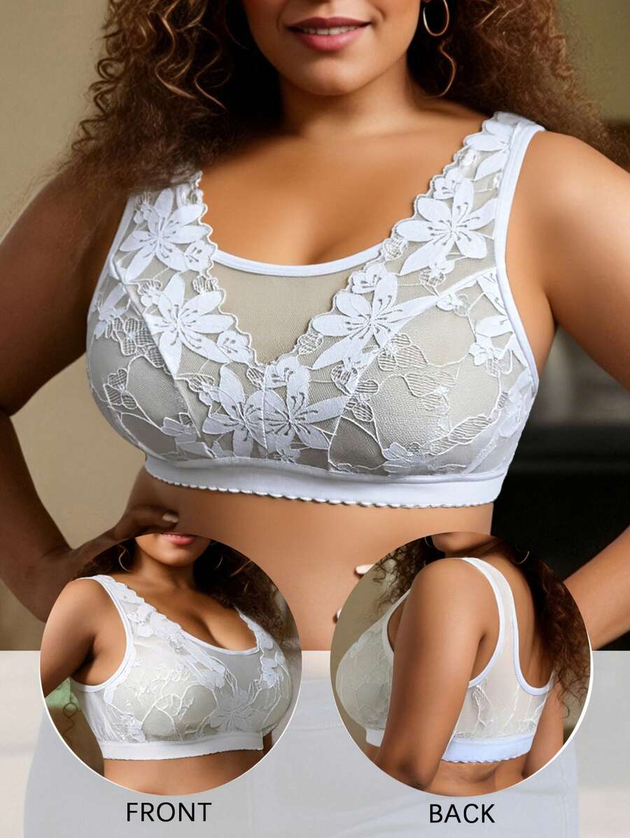 Sujetador sin tirantes blanco de talla grande para mujeres, sujetador sin aros de encaje y malla delgada sexy y de soporte para vacaciones - Blanco - Ver 1