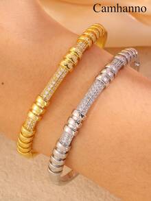 Camhanno 1pc Golden Jewelry Set Striking Copper Bracelet For Party: The Bead-Segment And Inlaid Design Is Full Of Charm In Social Occasions, Showing A Unique And Luxurious Style That Catches Everyone's Eyes Instantly. - Multicolor - View 6