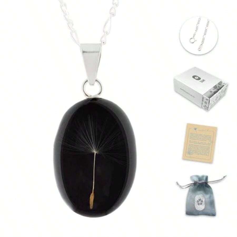 TAMI Collar con Diente de León en Plata (Transparente) - Amuleto de Buena Suerte y Fortuna Pide Deseo - Dije de Joyería Mexicana para Hombre o Mujer con Cadena(Diente León Negro) - Multicolor - Ver 1