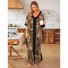 Bloggerlove Women Nightgowns Cotton Caftan House Dress Short Sleeve Sleepwear - 豹紋+小 - 查看 3