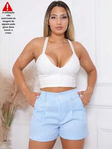 Women's Striped Tailored Shorts With Pocket And Button – Elegant Summer Fashion - Baby Blue - View 3