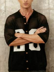 Men's Black Sheer Mesh Knit Cardigan | 23# Print Loose Polo Collar Casual Streetwear Top - Black - View 3