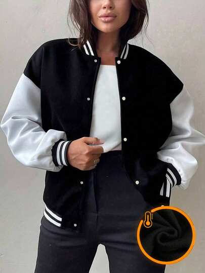1 Pc Teen Girls Loose Fashionable Outdoor Sports Casual Fleece Baseball Jacket, Versatile Autumn/Winter