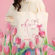 1pc Pink Bow Coquette Pattern Tote Bag Shoulder Bag For Travel Daily Commute Women's Reusable Shopping Bag, Best Gift For Her,  Folding Shoulder Bag Summer Beach Holiday Bag Best Gift For Bow Lover - 樣式 1 - 查看 7