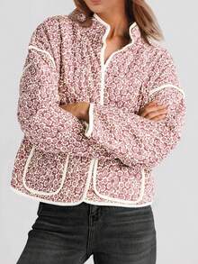 Women's Quilted Lightweight Open Front Jacket - Retro Casual | Floral Print, Contrast Trim Detail, Puff Sleeves, Patch Pockets, Relaxed Fit - Spring & Early Winter Stylish Wear - Đỏ - Xem 4