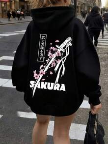 Women's Floral Print Curve Oversize Drawstring Hoodie, Popular Graphic Design , Spring And Summer Street College Style (Casual Versatile), Suitable For Outdoor Sportswear - Black - View 2