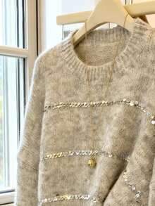 Oversized Glitter Embellished Gray Sweater, French Casual Style Loose Knit Top, Wool Pullover For Autumn - Grey - View 5