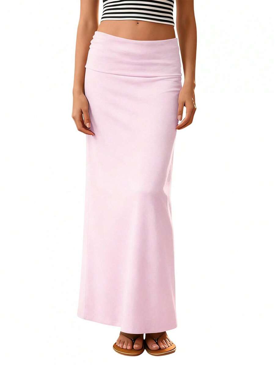 Women Foldover Long Straight Skirt Solid Color Low Rise Bodycon Skirt For Daily Office Party - Hồng - Xem 1