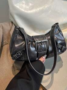 1pc Women's Vintage Retro Punk Motorcycle Rivet Decor Adjustable Strap Large Capacity Soft Faux Oiled Leather Ombre Color Shoulder Underarm Baguette Square Bag, Suitable For Work, Commute, Dates, Parties, Vintage Bag For Women, Halloween Purse Perfect For Fancy Party Halloween Fashion & Gothic Fashion , Office Bag , Goth , Punk - Black - View 4