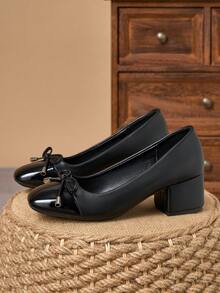 5cm Black Patent Leather Dual-Tone Square Toe Bow Decor Chunky Heel Pumps - Black - View 3