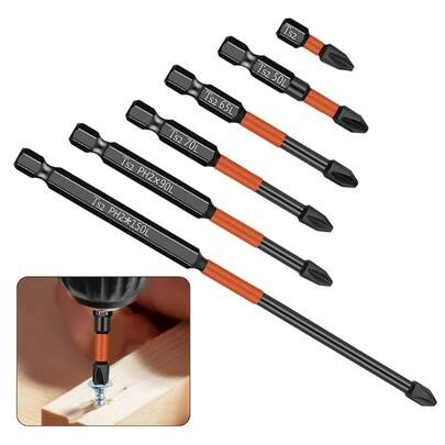 6-Piece Industrial PH2 Magnetic Screwdriver Bit Set, S2 Alloy Steel Non-Slip Manual Electric Screwdriver Bits, 1/4" Hex Socket, Strong Magnetism