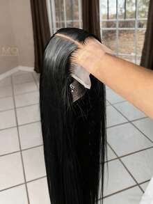 180密度34英寸真人发混纺蕾丝前假发 - 无需胶水,预先拔毛修剪的直发混纺,黑色透明蕾丝封顶,预漂白发结,易于佩戴,自然发际线,无需粘合剂 - 自然色&黑色系 - 查看 39