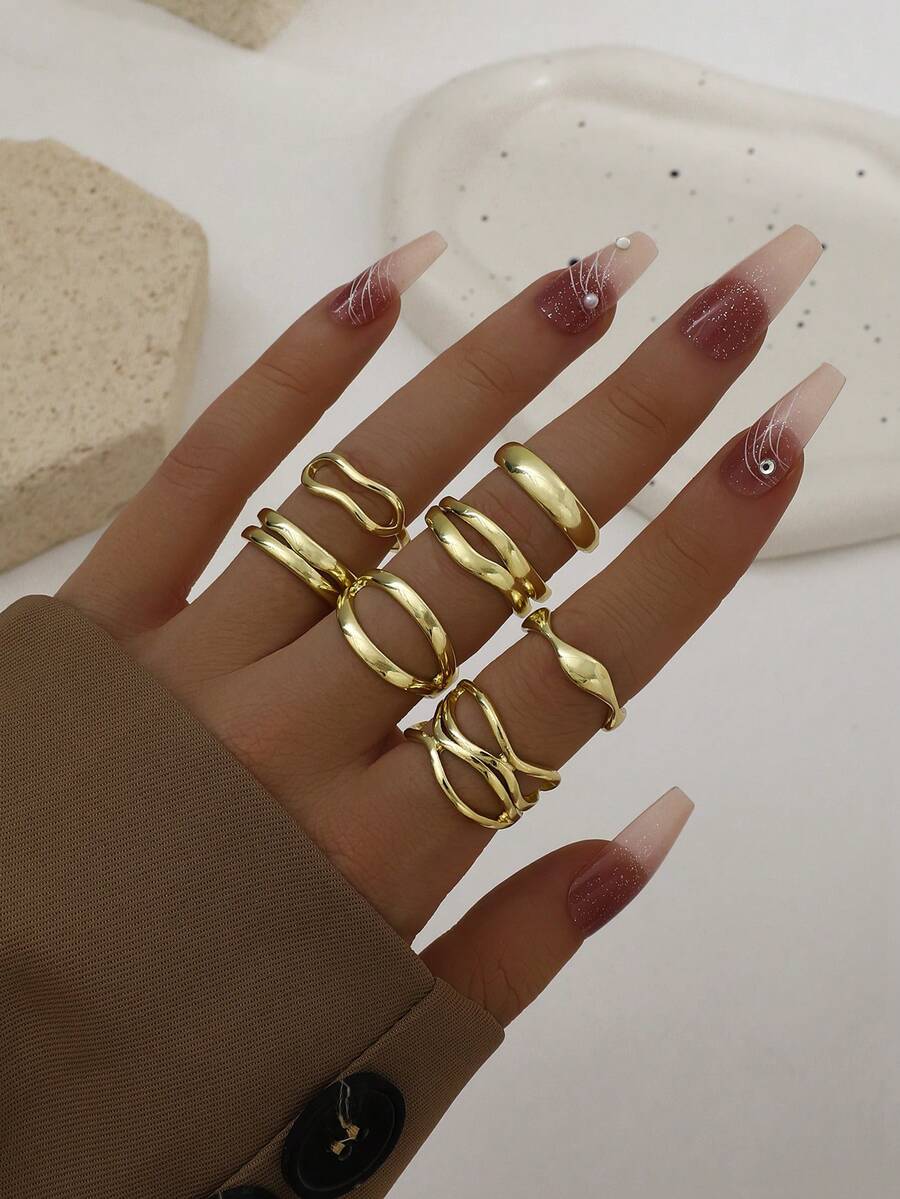 7pcs Asymmetrical Geometric Knuckle Rings Set, Multi-Element Line Design Rings For Women - Gold - View 1