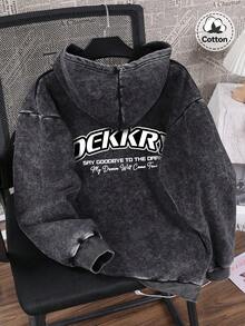 Men's Street Style Graphic Hoodie Sweatshirt, Slightly Stretchy Fitted Washed Thermal Lined Cotton Blend Black Long Sleeve Zip-Up Casual Jacket