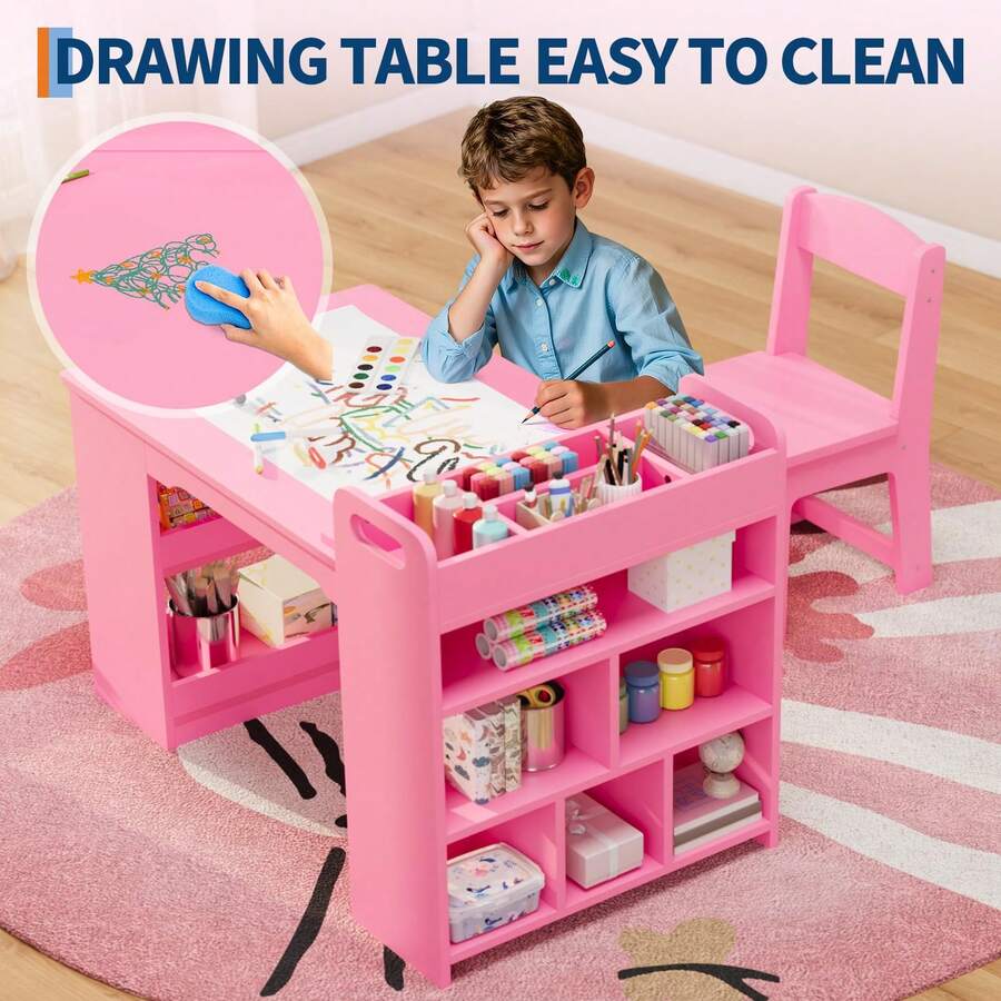 Mesa de arte para niños, mesa grande de manualidades con 2 sillas, escritorio multifuncional con estantes para habitación infantil, jardín de infancia, sala de juegos y escuela - Rosa - Ver 1